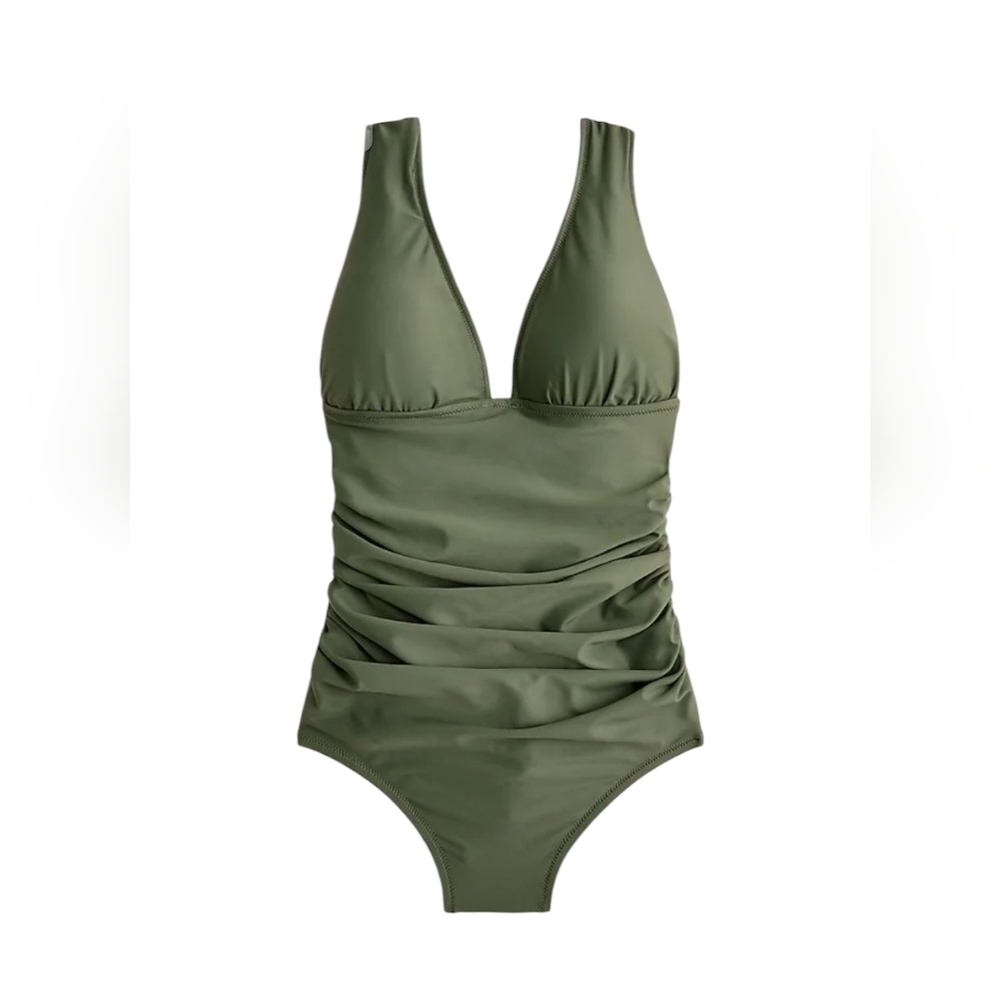 J.Crew Plus-size One-Piece Ruched V-neck Bathing Suit, Army Green, Size 24